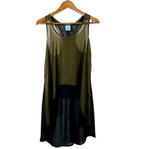 HIP Semi Sheer Tank Sleeveless Top Olive Green black Color Block - M